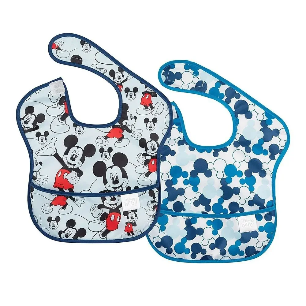 Disney Bum-kins Mickey Mouse Super Bib w/FoodCatcher Pouch 6-24 Months 2 Pack